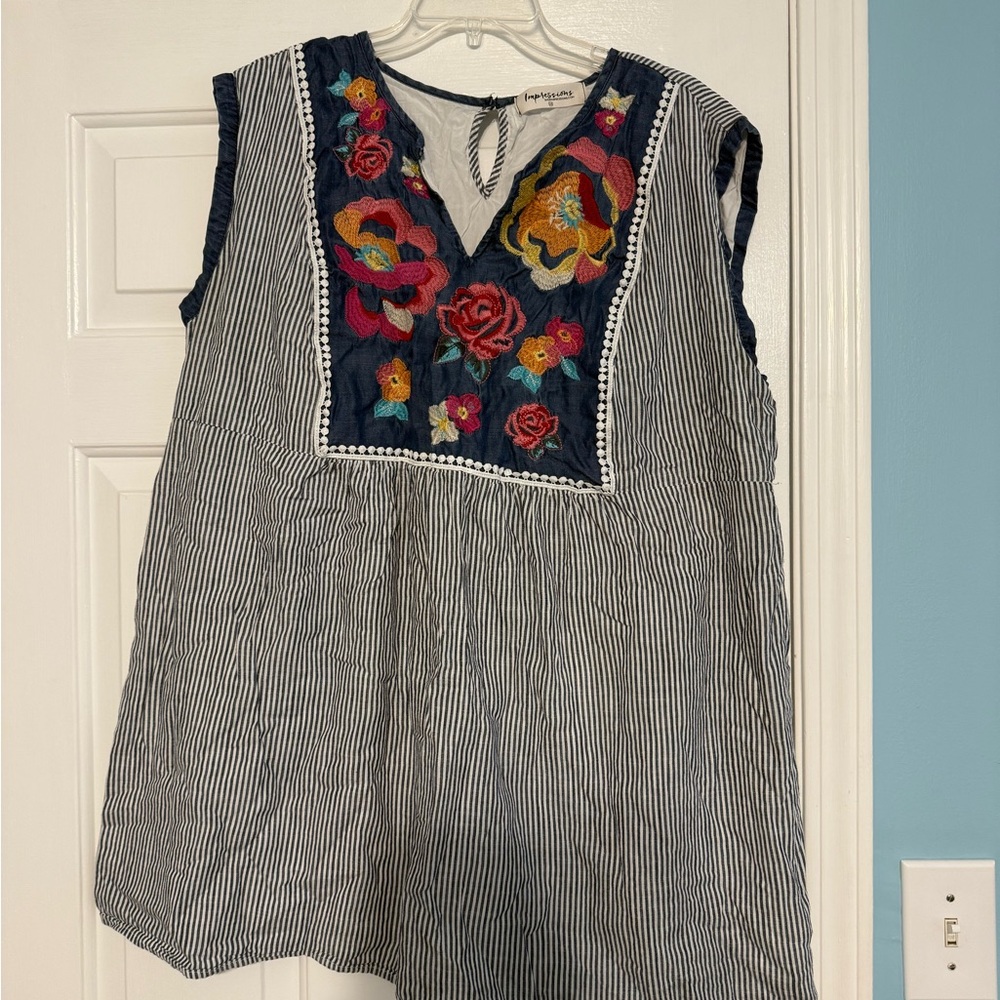 Impressions Boutique Embroidered Striped Sleeveless Dress